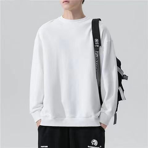 Autumn and Winter zipper sweater mens fleece-lined hooded loose all-match top Korean style trendy casual sports cardigan jacket White round neck sweater 