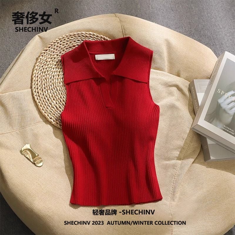 Retro Polo Collar Suspender Knitted Vest 2025 Bottoming Sleeveless Short Top - Image 2