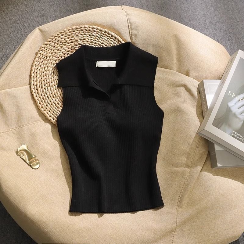 Retro Polo Collar Suspender Knitted Vest 2025 Bottoming Sleeveless Short Top - Image 3