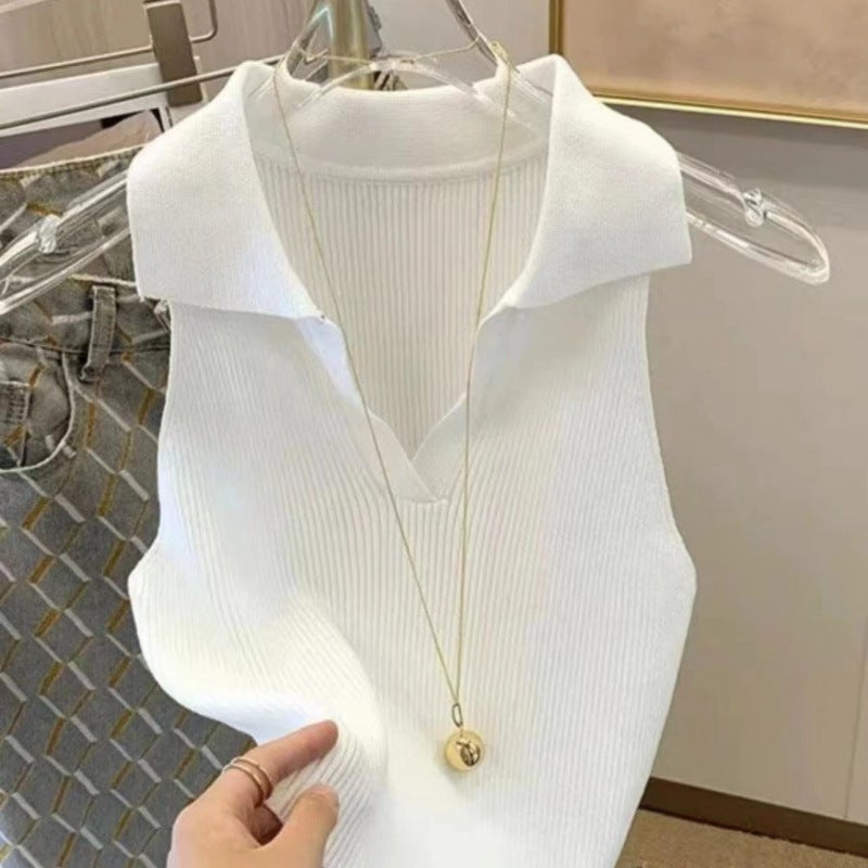 Retro Polo Collar Suspender Knitted Vest 2025 Bottoming Sleeveless Short Top - Image 1