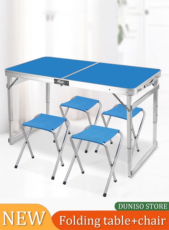 DUNISO طاولة تخييم قابلة للطي، طاولة شاطئ محمولة من سبائك الألمنيوم، طاولة نزهة مع أربعة كراسي من قماش أوكسفورد، ارتفاع قابل للتعديل، بتصميم مقبض، مناسبة للاستخدام الداخلي والخارجي، النزهات، الحفلات، الشواء - Image 1