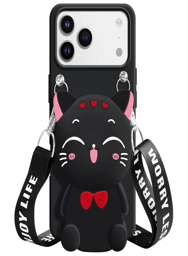 SGVAHY Wallet Case for iPhone 17 Pro Max with Strap Lanyard Cute Cat Black Coin Purse Funny Phone Case Kawaii Soft Silicone Shockproof Cover for Women Girls - Image 1