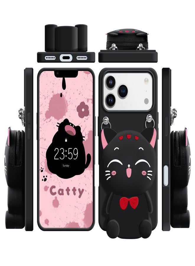 SGVAHY Wallet Case for iPhone 17 Pro Max with Strap Lanyard Cute Cat Black Coin Purse Funny Phone Case Kawaii Soft Silicone Shockproof Cover for Women Girls - Image 3