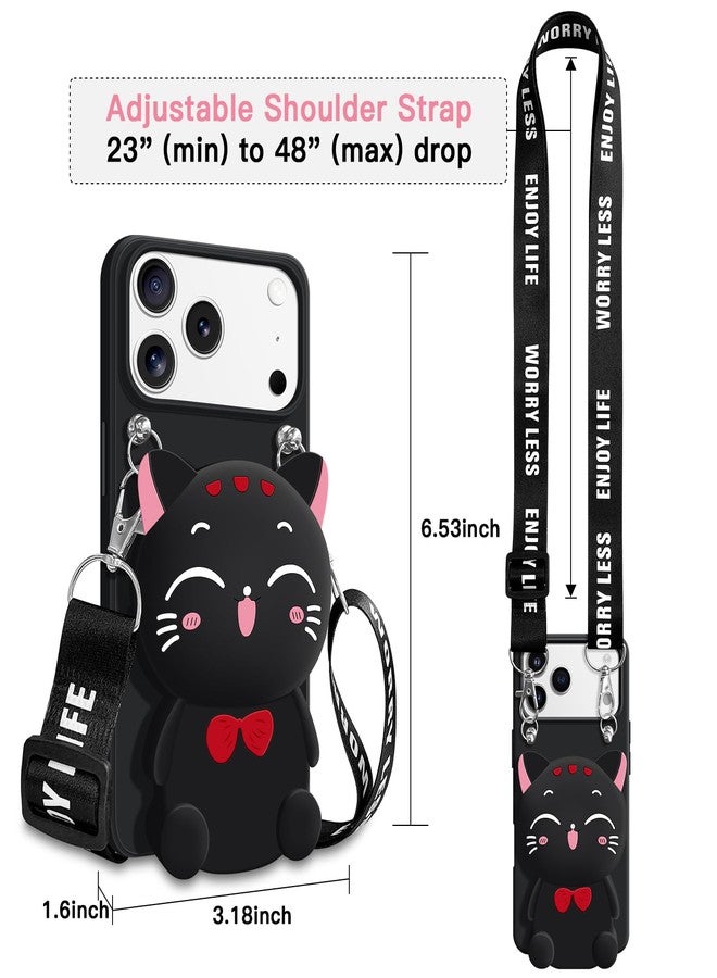 SGVAHY Wallet Case for iPhone 17 Pro Max with Strap Lanyard Cute Cat Black Coin Purse Funny Phone Case Kawaii Soft Silicone Shockproof Cover for Women Girls - Image 2