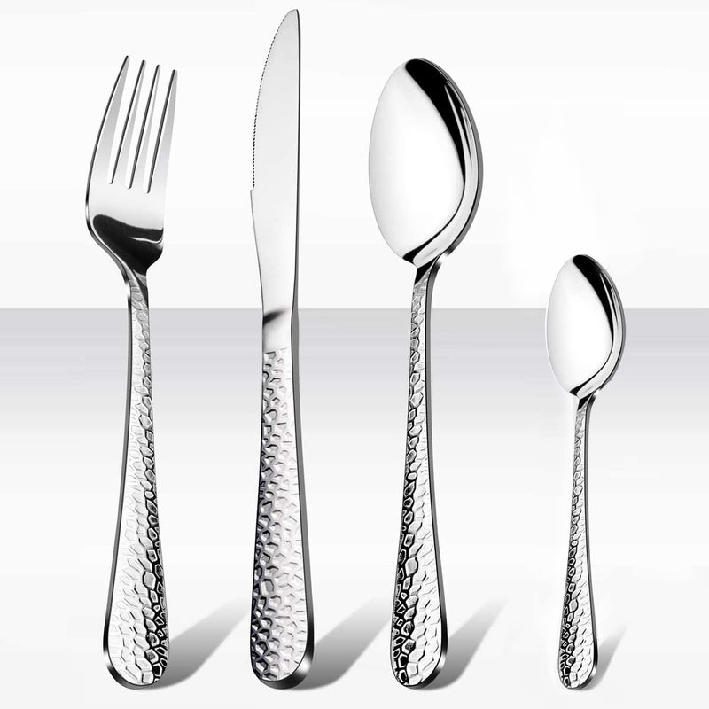 HaWare 16 Pieces Cutlery Set Stainless Steel Hammered Flatware Silverware for HomeOfficePartyCamping Knife Fork Spoon Eating Utensils Service for 4 Mirror Polish  Dishwasher Safe