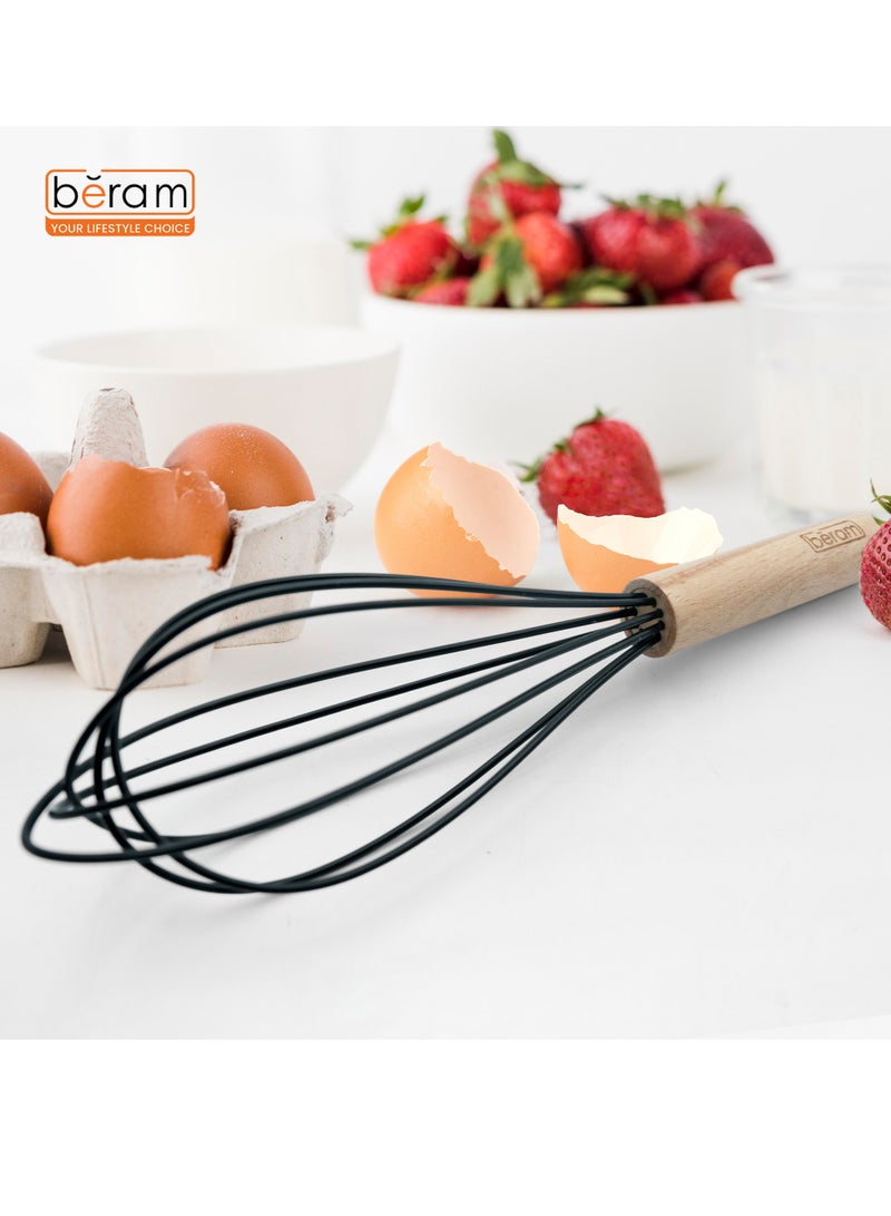 بيرام أداة طبخ بيرام المصنوعة من السيليكون بمقابض خشبية مقاومة للحرارة وخالية من مادة BPA وغير لاصقة وأدوات مطبخ للطهي والخبز والخلط والتحريك والتقديم والقلي والشواء - لون أسود (مضرب واحد) - Image 2