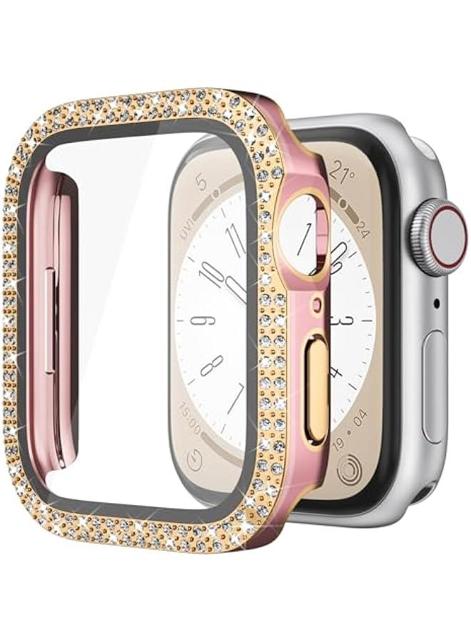Compatible for Apple Watch Case Built in Tempered Glass Screen Protector 45mm Series 9 8 7 Crystal Diamond Rhinestone Bling Cases iWatch Protective Cover for Women Girls, Pink+Rose Gold Edge