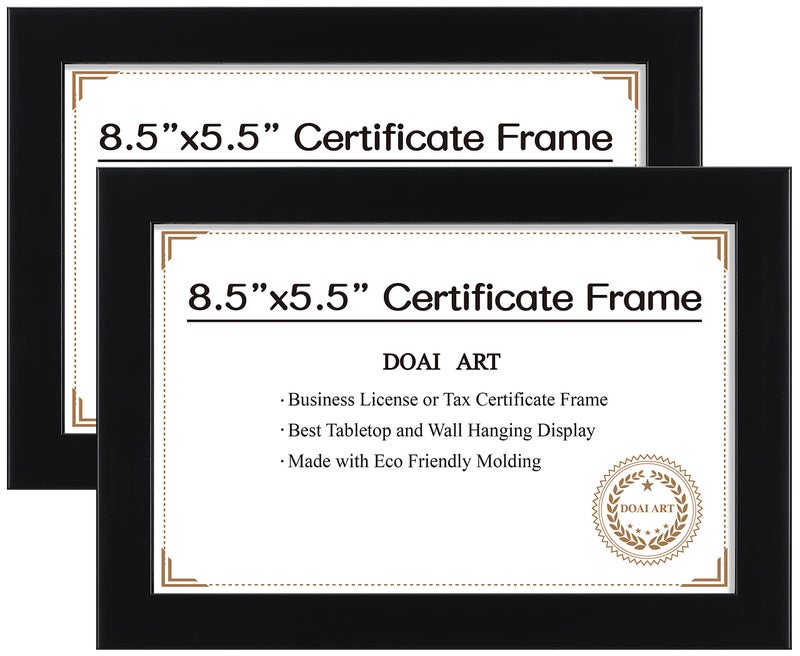 DOAI ART 8.5 × 5.5 مجموعة إطار ترخيص العمل من 2 من المهنيين السود 5.5 × 8.5 إطارات الشهادات تناسب وثيقة الدبلوم وشهادة الضريبة ذاتية مع شماعات الحائط