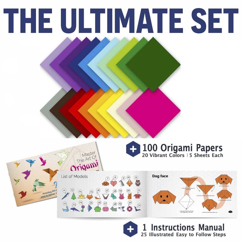 KOOL KRAFTS Origami Paper - 100 Origami Paper Kit - Set Includes, 100 Sheets 20 Colors 6x6, Origami Book 25 Easy Colored Projects, Kids Crafts, Christmas Gifts for boys 8-12 - Image 2