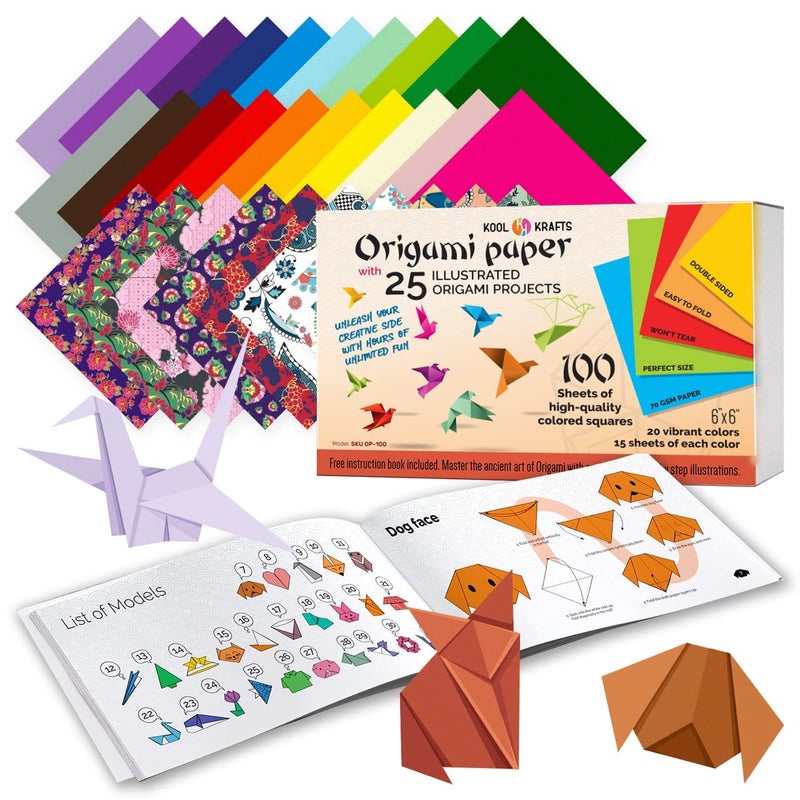 KOOL KRAFTS Origami Paper - 100 Origami Paper Kit - Set Includes, 100 Sheets 20 Colors 6x6, Origami Book 25 Easy Colored Projects, Kids Crafts, Christmas Gifts for boys 8-12 - Image 1