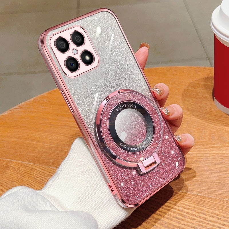 HuHa Case Cover For Honor X30i Plated Gradient Glitter Round Holder TPU Phone Case(Pink) - Image 1