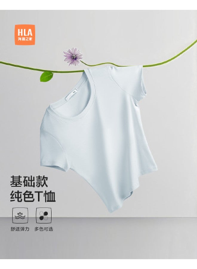HLA تي شيرت نسائي قصير الأكمام بلون صلب بتصميم دائري للرقبة 25 - Image 1