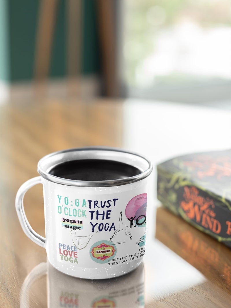 TAJNAN Coffee Mug | Unbreakable Enamel |Yoga Print| Mountains Travel Print | Military Mug | Unique and Stylish | Birthday Travel Gift (Metal), 300 Milliliter (Yoga -A-Mug) - Image 1
