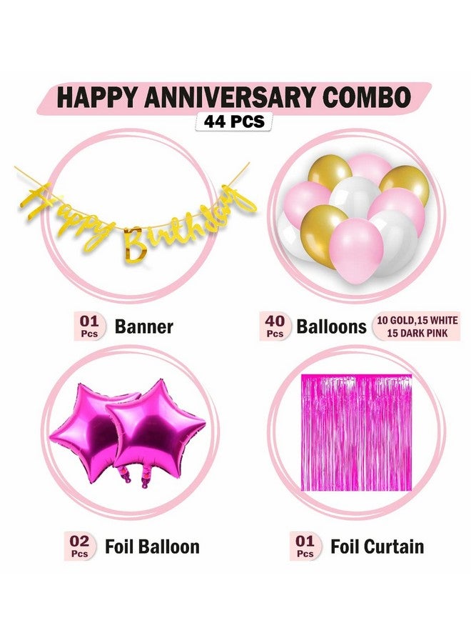 HK balloons Pack Of 44 Pcs Happy Birthday Banner Decoration Kit Set With Pink & Gold White Metallic Balloons & Foil Curtain - Image 2
