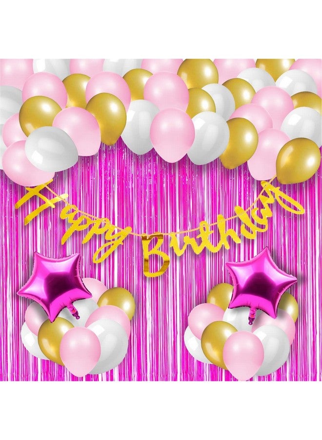 HK balloons Pack Of 44 Pcs Happy Birthday Banner Decoration Kit Set With Pink & Gold White Metallic Balloons & Foil Curtain - Image 1