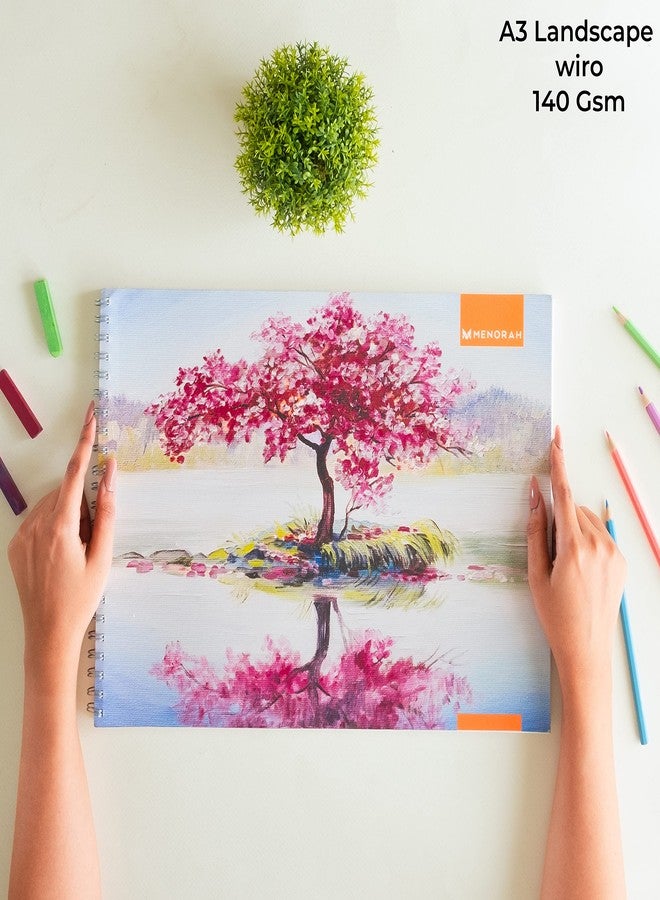 MENORAH مينورا - A3 - دفتر رسم - دفاتر رسم - 140 غرام/متر مربع، 100 صفحة/50 ورقة - دفاتر رسم مُجلّدة بسلك معدني للفنانين، ألوان مائية - (29.7 × 42.0 سم) - تصميم ميدليك بونساي - Image 2