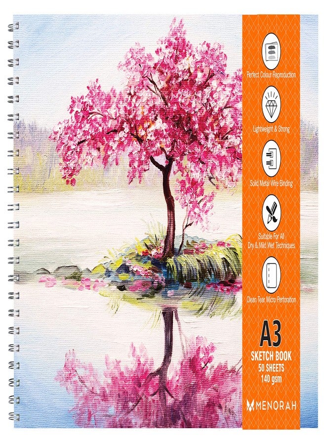 MENORAH مينورا - A3 - دفتر رسم - دفاتر رسم - 140 غرام/متر مربع، 100 صفحة/50 ورقة - دفاتر رسم مُجلّدة بسلك معدني للفنانين، ألوان مائية - (29.7 × 42.0 سم) - تصميم ميدليك بونساي - Image 1