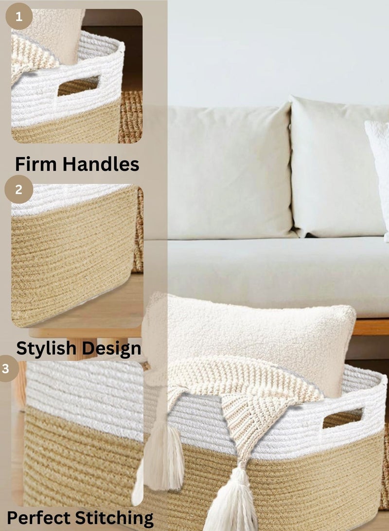 Raymond 100% Natural Handmade Cotton Rope Laundry Basket - 21L Storage Hamper for Clothes, Blankets & Toys (White/Brown, 14.7"L x 10"W x 9"H)  - Image 3