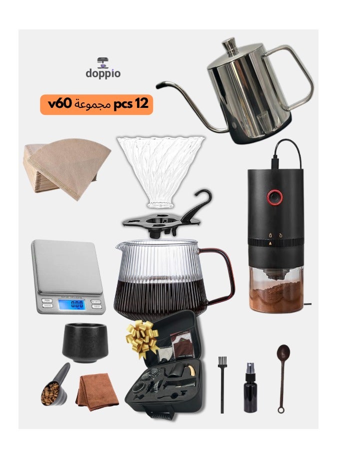 Doppio DOPPIO 12 Pcs V60 Premium Pour Over Electric Coffee Maker | Electric Grinder Dripper Set, Coffee Server Pot Size 02, V60 Glass Coffee Dripper with Wood Stand Dripper, Scale (Premium Kit)  - Image 1