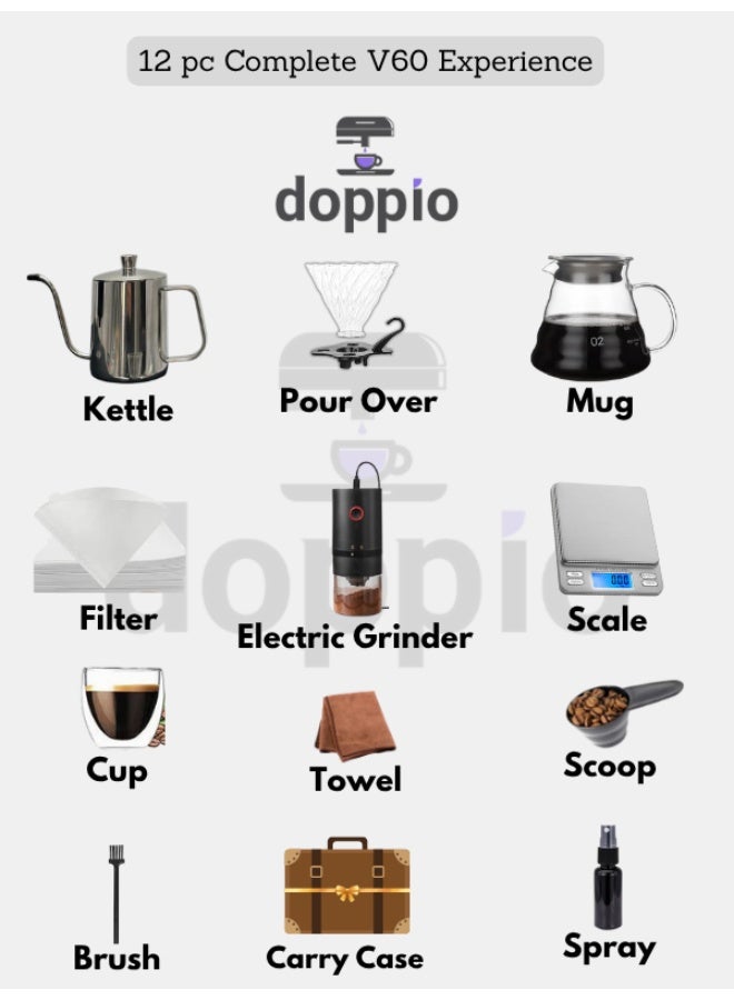 DOPPIO 12 Pcs V60 Premium Pour Over Electric Coffee Maker | Electric Grinder Dripper Set, Coffee Server Pot Size 02, V60 Glass Coffee Dripper with Wood Stand Dripper, Scale (Premium Kit) - Image 3