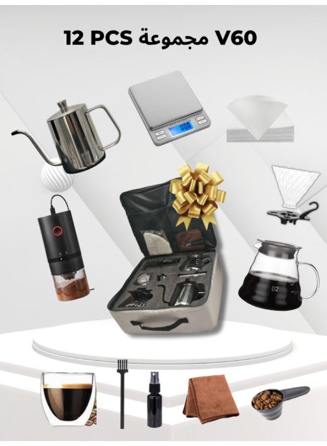 DOPPIO 12 Pcs V60 Premium Pour Over Electric Coffee Maker | Electric Grinder Dripper Set, Coffee Server Pot Size 02, V60 Glass Coffee Dripper with Wood Stand Dripper, Scale (Premium Kit) - Image 1