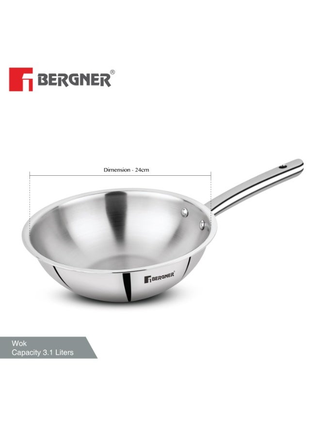 BERGNER TriPro Tri-Ply Stainless Steel 24cm (2.8 L) Wok/Chinese Kadai, Durable Stay Cool Cast Handles, Heavy Bottom, Less Oil Use, Non-Toxic, Healthy Cooking - Induction and Gas Stove Ready - Image 4