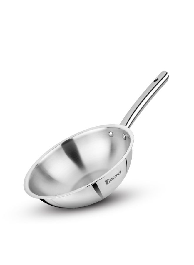 BERGNER TriPro Tri-Ply Stainless Steel 24cm (2.8 L) Wok/Chinese Kadai, Durable Stay Cool Cast Handles, Heavy Bottom, Less Oil Use, Non-Toxic, Healthy Cooking - Induction and Gas Stove Ready - Image 1