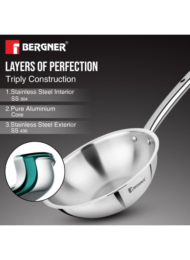 BERGNER TriPro Tri-Ply Stainless Steel 24cm (2.8 L) Wok/Chinese Kadai, Durable Stay Cool Cast Handles, Heavy Bottom, Less Oil Use, Non-Toxic, Healthy Cooking - Induction and Gas Stove Ready - Image 2