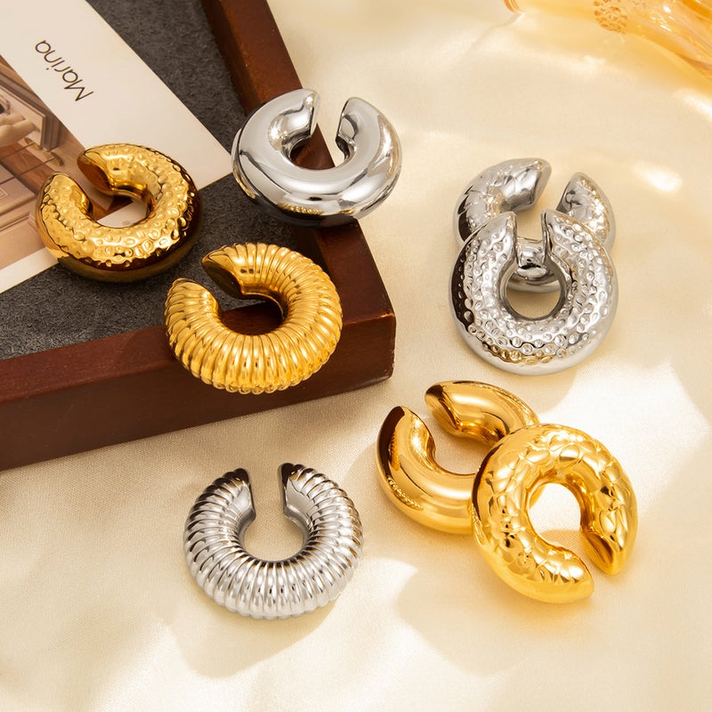 SHIXIN European and American Cross-Border Geometric Stainless Steel C-Shaped Ear Clip - Minimalist Fashion Metal Lava Earrings - Image 4