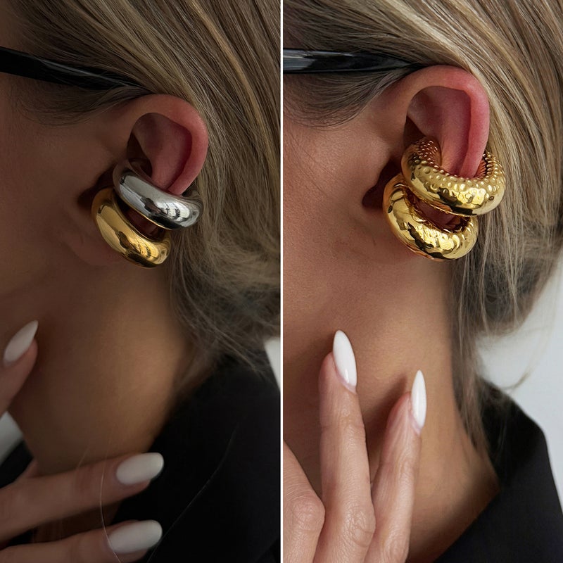 SHIXIN European and American Cross-Border Geometric Stainless Steel C-Shaped Ear Clip - Minimalist Fashion Metal Lava Earrings - Image 1