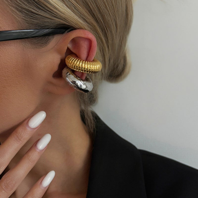 SHIXIN European and American Cross-Border Geometric Stainless Steel C-Shaped Ear Clip - Minimalist Fashion Metal Lava Earrings - Image 3