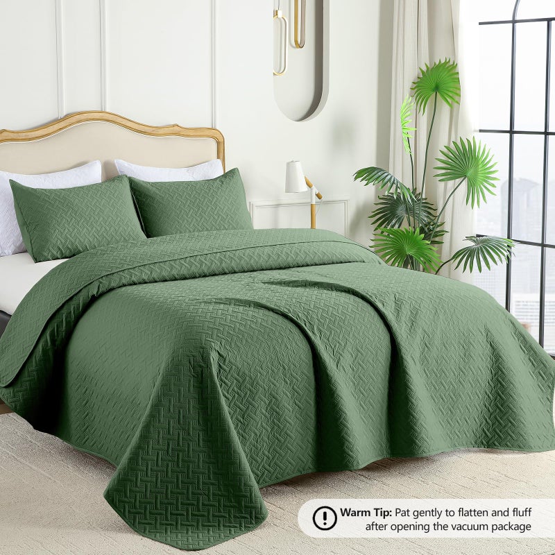FLYMME Queen Quilt Bedding Set Olive Green Lightweight Bedspreads Full Size Modern Style Geometric Weave Stripe Pattern Soft Microfiber Bed Coverlet for All Season (1 Quilt  2 Shams) - Image 2