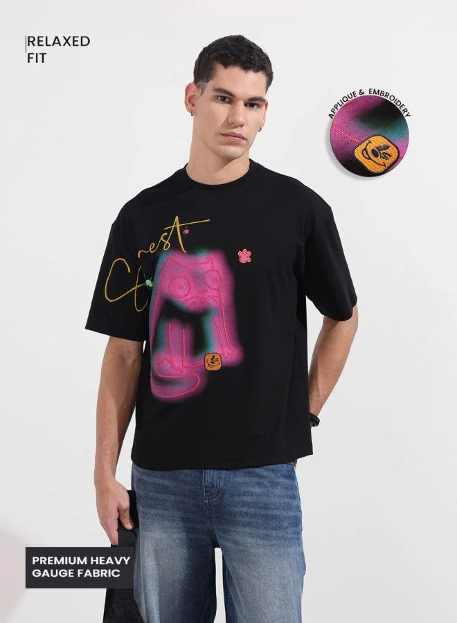 Men Relaxed Fit Embroidered Crew Neck Half Sleeves T-Shirt