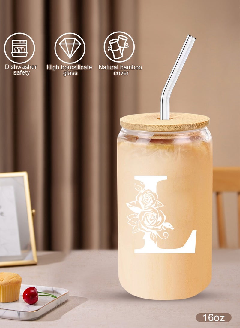 DAMCONME Birthday Gifts for Ladies, Monogrammed Initial Glass Cup Personalized Gifts for Women, 16oz Glass Cups with Lids and Straws, Iced Coffee Cup - Gifts for Birthday,L - Image 3