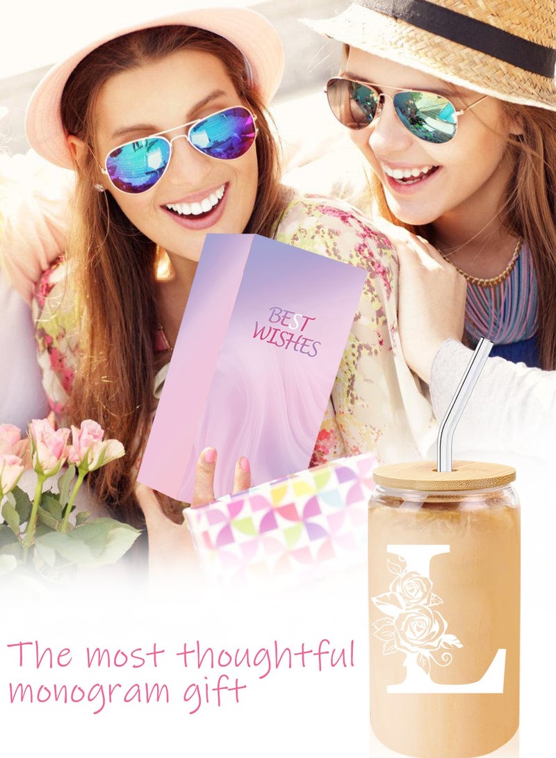 DAMCONME Birthday Gifts for Ladies, Monogrammed Initial Glass Cup Personalized Gifts for Women, 16oz Glass Cups with Lids and Straws, Iced Coffee Cup - Gifts for Birthday,L - Image 4