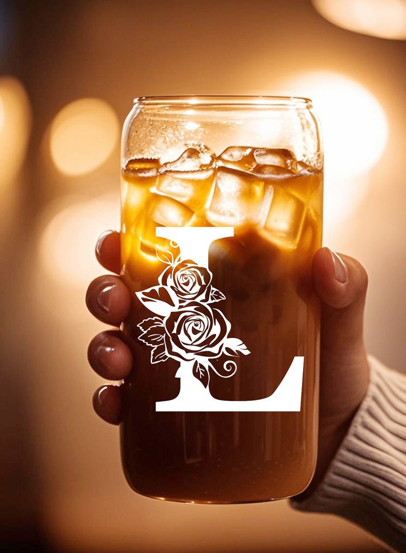 DAMCONME Birthday Gifts for Ladies, Monogrammed Initial Glass Cup Personalized Gifts for Women, 16oz Glass Cups with Lids and Straws, Iced Coffee Cup - Gifts for Birthday,L - Image 5