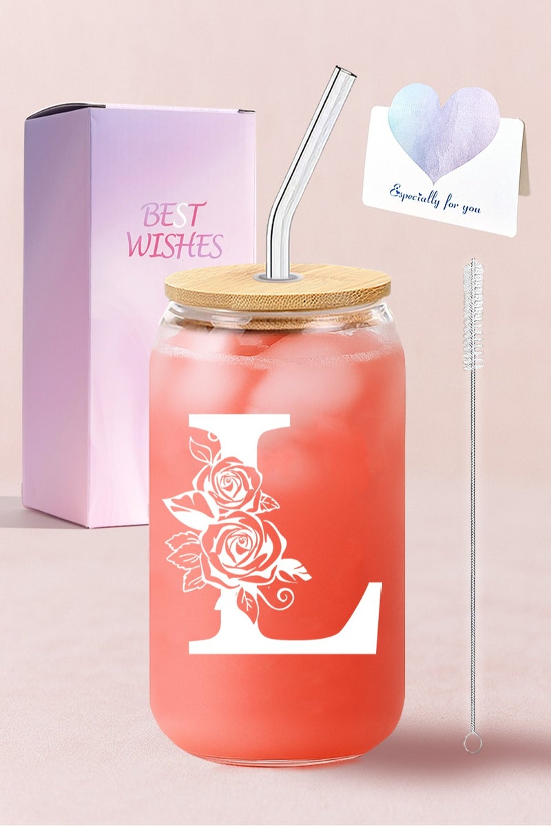 DAMCONME Birthday Gifts for Ladies, Monogrammed Initial Glass Cup Personalized Gifts for Women, 16oz Glass Cups with Lids and Straws, Iced Coffee Cup - Gifts for Birthday,L - Image 1