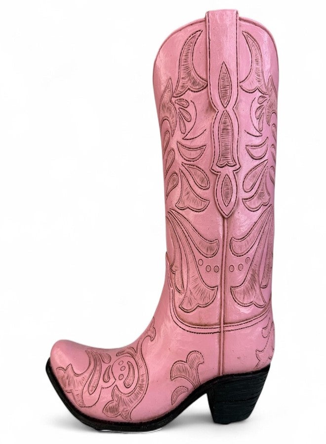 Top Brass Pink Cowboy Boot Vase - Tooled Leather Look Western Decor for Flowers/Stand Alone Accent - Resin Cowgirl Planter with Intricate Design & Protective Pads - Rustic Country Home Art, 10” Tall - Image 1
