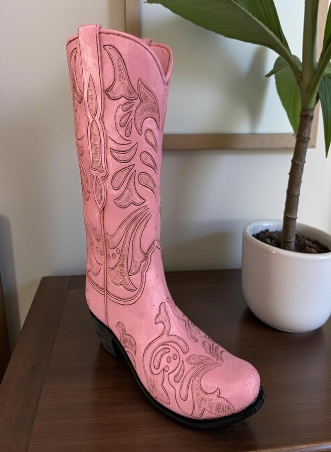 Top Brass Pink Cowboy Boot Vase - Tooled Leather Look Western Decor for Flowers/Stand Alone Accent - Resin Cowgirl Planter with Intricate Design & Protective Pads - Rustic Country Home Art, 10” Tall - Image 4