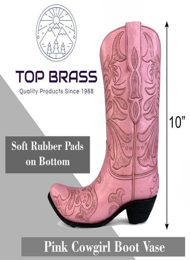 Top Brass Pink Cowboy Boot Vase - Tooled Leather Look Western Decor for Flowers/Stand Alone Accent - Resin Cowgirl Planter with Intricate Design & Protective Pads - Rustic Country Home Art, 10” Tall - Image 3