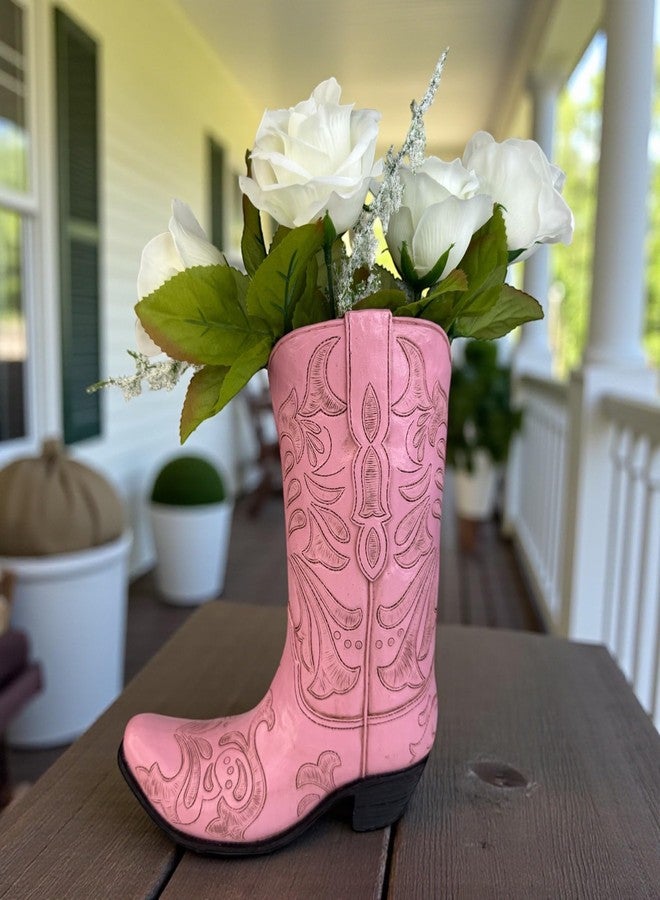 Top Brass Pink Cowboy Boot Vase - Tooled Leather Look Western Decor for Flowers/Stand Alone Accent - Resin Cowgirl Planter with Intricate Design & Protective Pads - Rustic Country Home Art, 10” Tall - Image 5