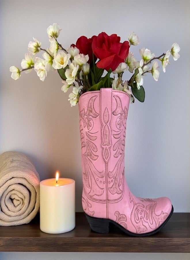 Top Brass Pink Cowboy Boot Vase - Tooled Leather Look Western Decor for Flowers/Stand Alone Accent - Resin Cowgirl Planter with Intricate Design & Protective Pads - Rustic Country Home Art, 10” Tall - Image 2