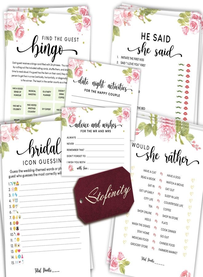 STOFINITY ألعاب حفل توديع العزوبية من ستوفينيتي (30 ضيفًا) - نصائح وأمنيات للعروسين، لعبة بينغو "ابحث عن الضيف"، لعبة "هل تفضلين؟"، لعبة "قال هو قالت هي؟"، أفكار لألعاب الحفلات لتزيين حفل توديع العزوبية. - Image 1