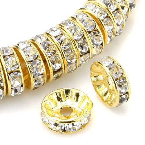 RUBYCA 100pcs Round Rondelle Spacer Bead Gold Tone 12mm White Clear Czech Crystal - Image 1