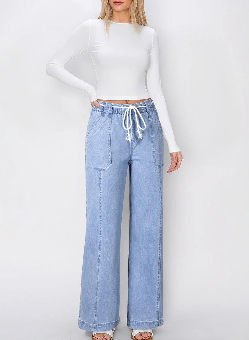 Astylish Womens Jeans Drawstring High Waisted Wide Leg Pants Straight Leg Stretchy Casual Denim Cowgirl Outfits with Trendy Fashion Pockets Dusk Blue Size 6 - Image 3