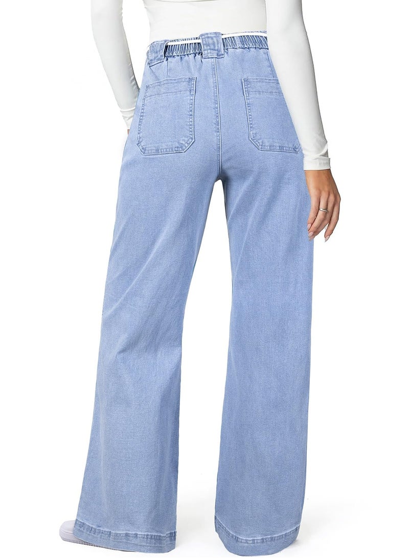Astylish Womens Jeans Drawstring High Waisted Wide Leg Pants Straight Leg Stretchy Casual Denim Cowgirl Outfits with Trendy Fashion Pockets Dusk Blue Size 6 - Image 2