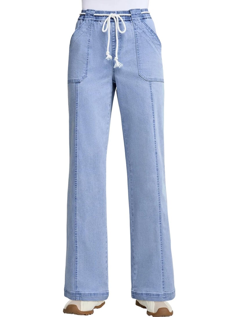 Astylish Womens Jeans Drawstring High Waisted Wide Leg Pants Straight Leg Stretchy Casual Denim Cowgirl Outfits with Trendy Fashion Pockets Dusk Blue Size 6 - Image 5