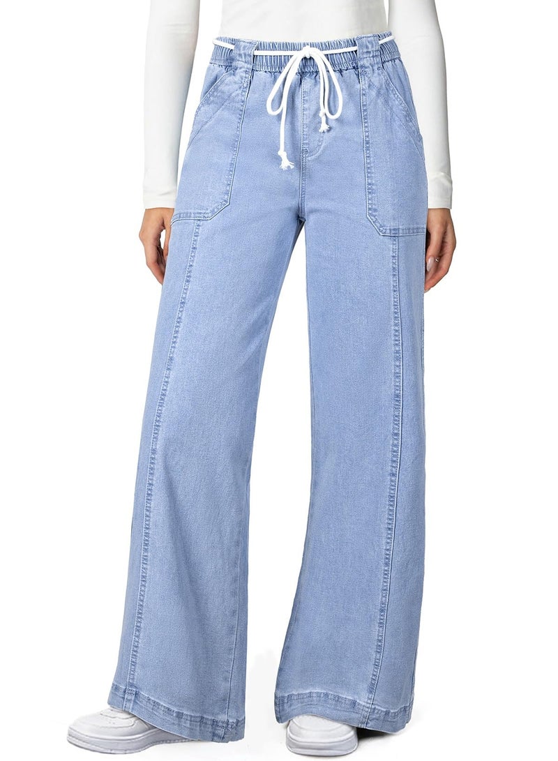 Astylish Womens Jeans Drawstring High Waisted Wide Leg Pants Straight Leg Stretchy Casual Denim Cowgirl Outfits with Trendy Fashion Pockets Dusk Blue Size 6 - Image 1