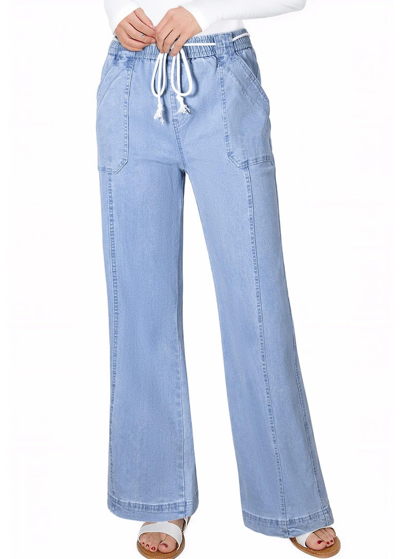 Astylish Womens Jeans Drawstring High Waisted Wide Leg Pants Straight Leg Stretchy Casual Denim Cowgirl Outfits with Trendy Fashion Pockets Dusk Blue Size 6 - Image 4