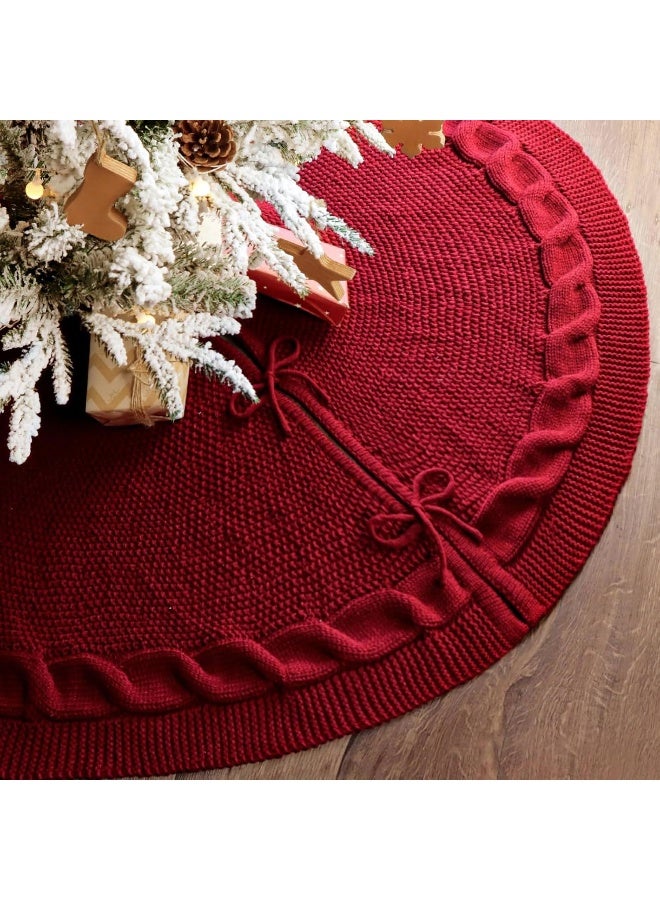 LimBridge Knitted Christmas Tree Skirt: 48 Inches Wine Red Tree Skirt, Chunky Cable Knit Thick Rustic Christmas Tree Decorations, Farmhouse Christmas Decor Xmas Holiday Home Party Decorations - Image 5